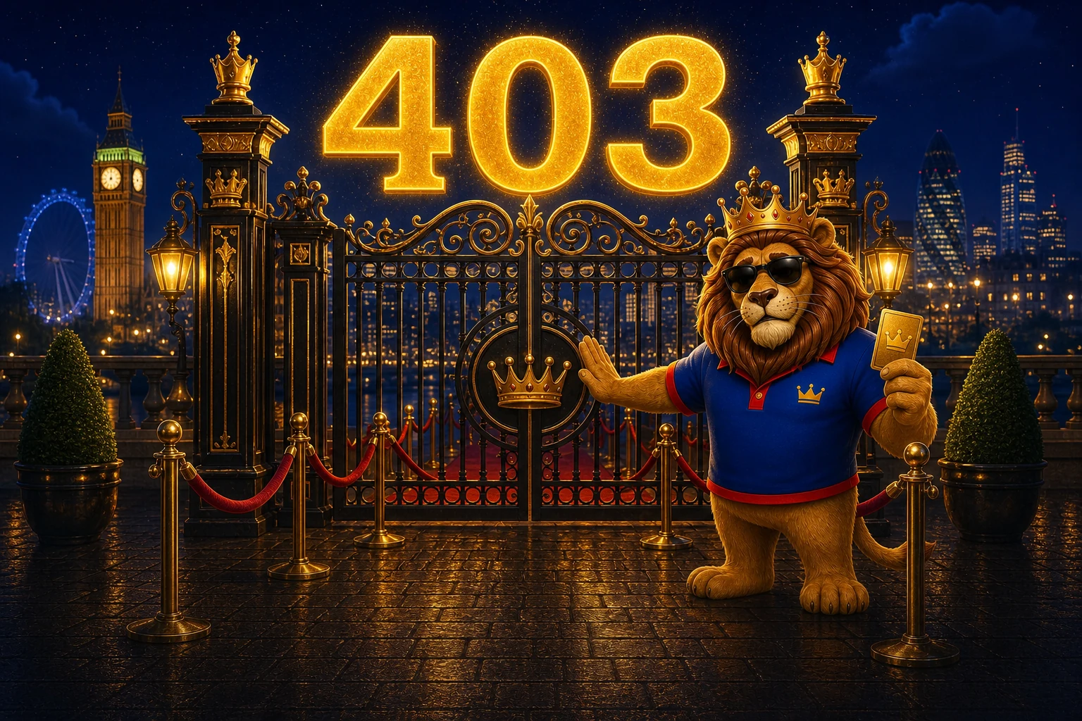 A crowned lion guarding a closed royal casino gate with a glowing 403 sign over London