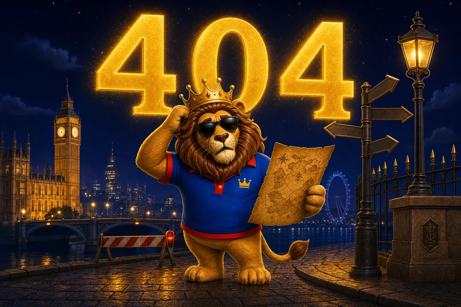 A crowned lion looking lost with a treasure map at a London dead-end